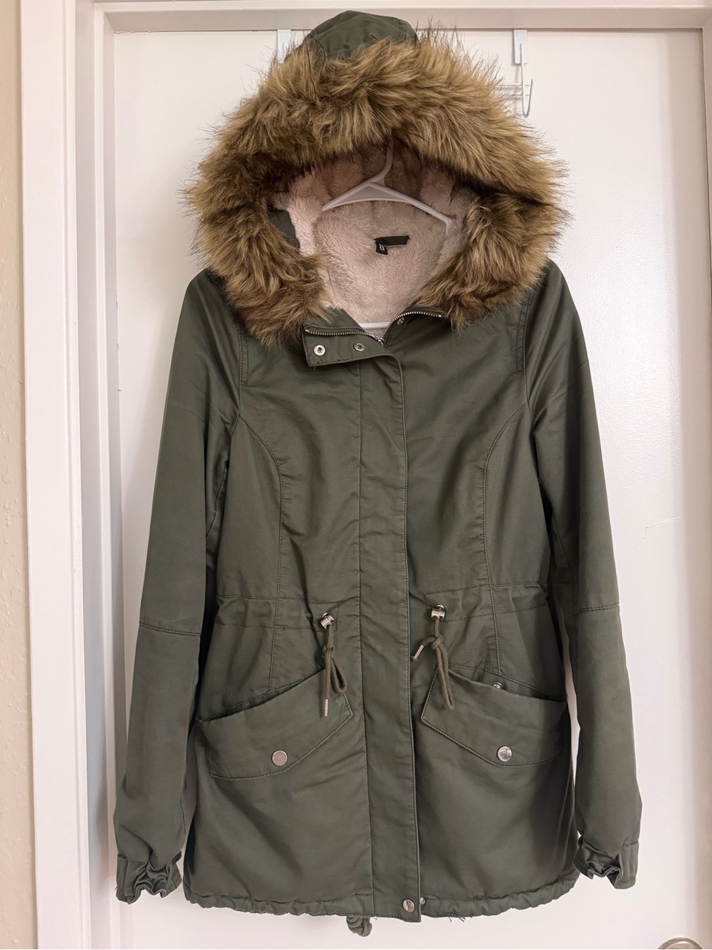 H&M Olive Green Utility Parka with Faux Fur Hood Size 0